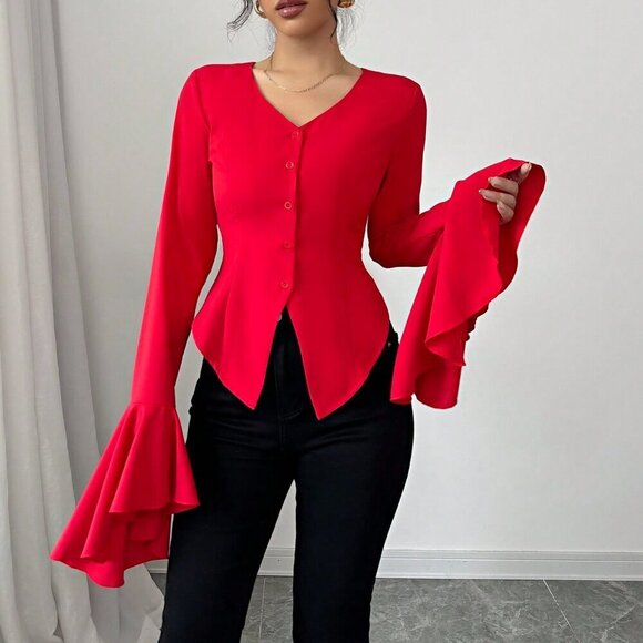 Red Casual Women's V-Neck Exaggerated Flared Sleeve Blouse - Picture 5 of 6